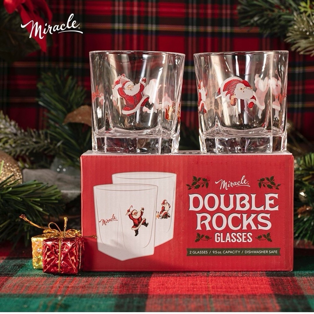 Miracle Double Rocks Glasses‎ Set Of Two Santa Retro Christmas Holiday